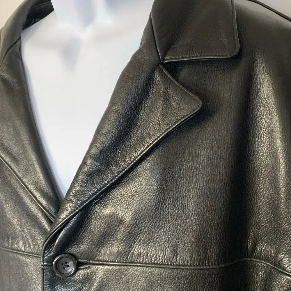 Vintage Marc New York Men’s Black Leather Jacket XL Button Front Coat Heavy Y2K